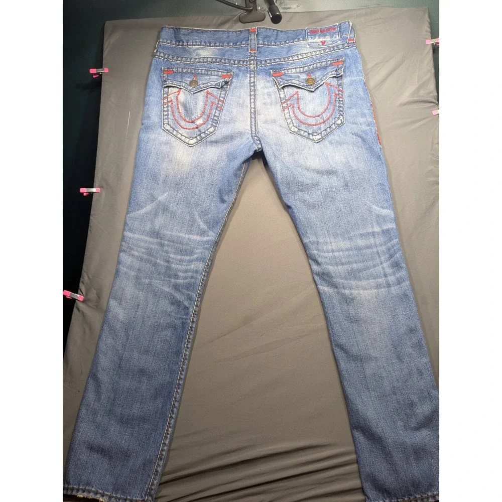True Religion Rocco Relaxed Skinny Jeans Mens 42 Blue Red Contrast Stitch Denim